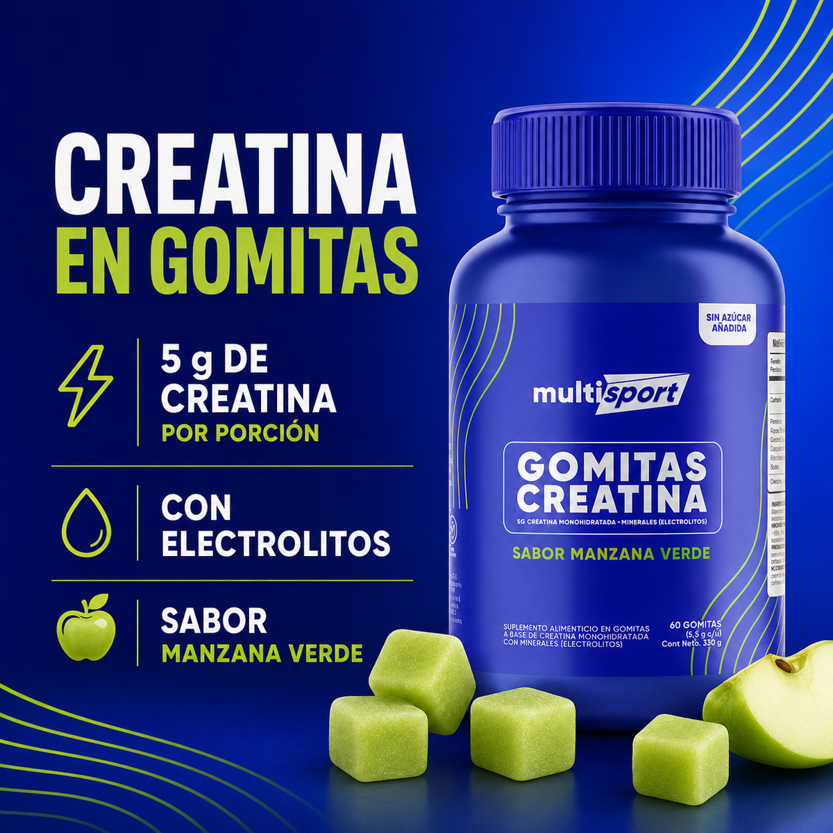 MultiSport Creatine Gummies - Creatina Monohidratada, Manzana Verde - 60 gomitas