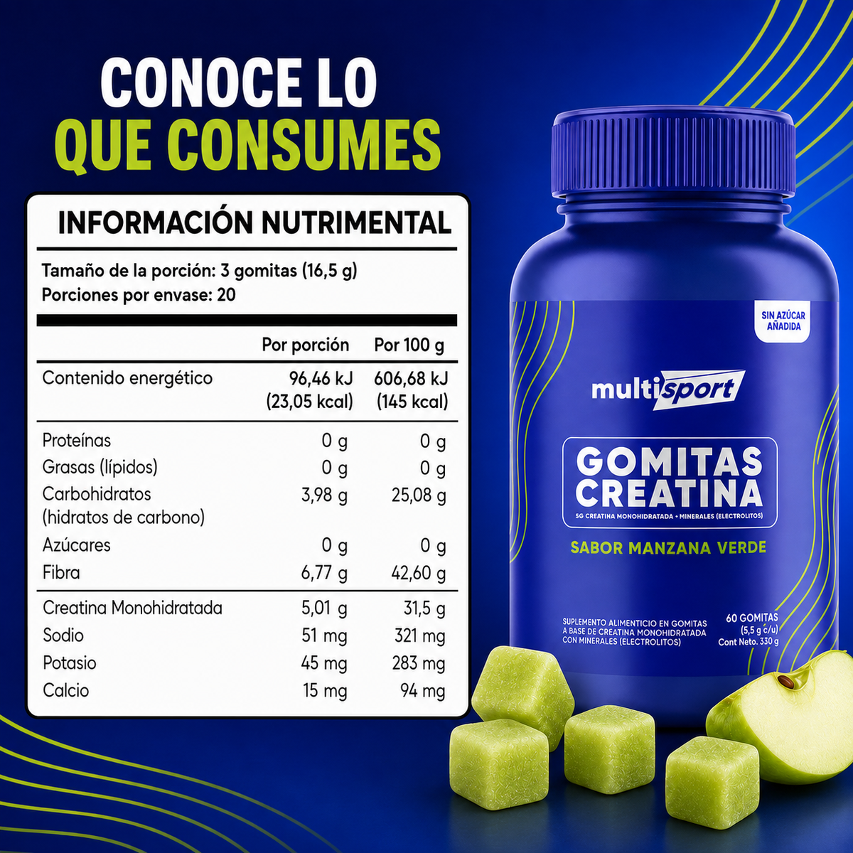 MultiSport Creatine Gummies - Creatina Monohidratada, Manzana Verde - 60 gomitas