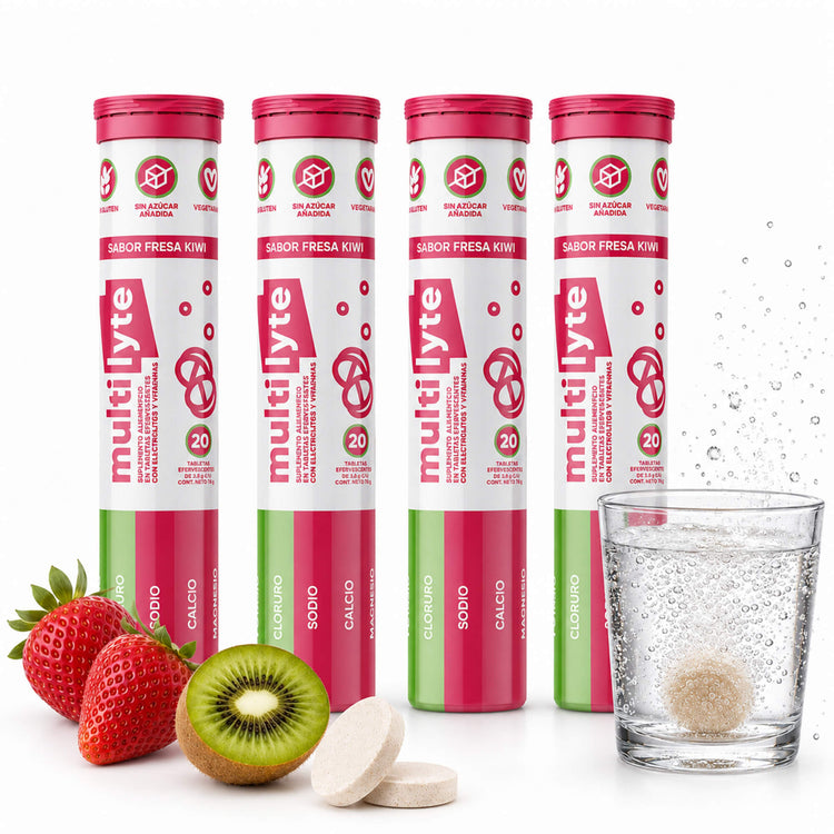 Cuatro tubos de MultiLyte electrolitos efervescentes sabor fresa kiwi