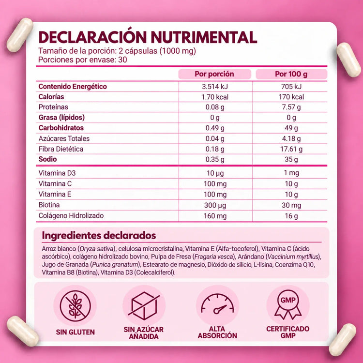 Declaración nutrimental de Colágeno MultiBlue (Skin, Hair & Nails)