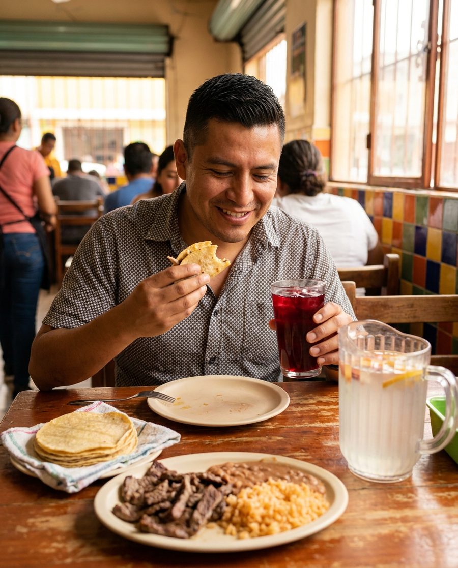 Comida corrida: tortillas, arroz y agua fresca